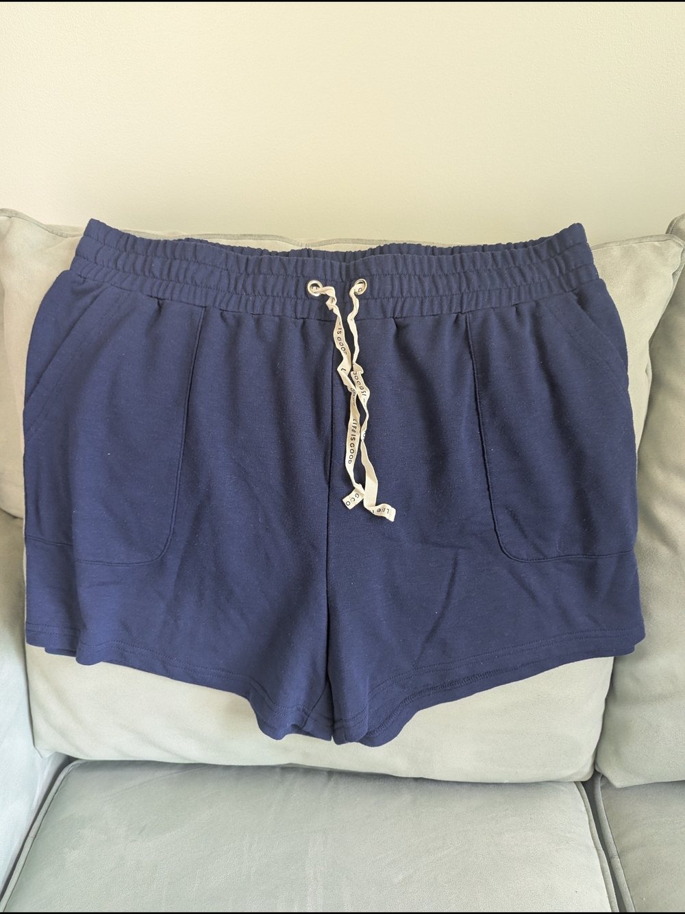 Life Is Good Navy Knit Drawstring Shorts with Cream Logo Ties